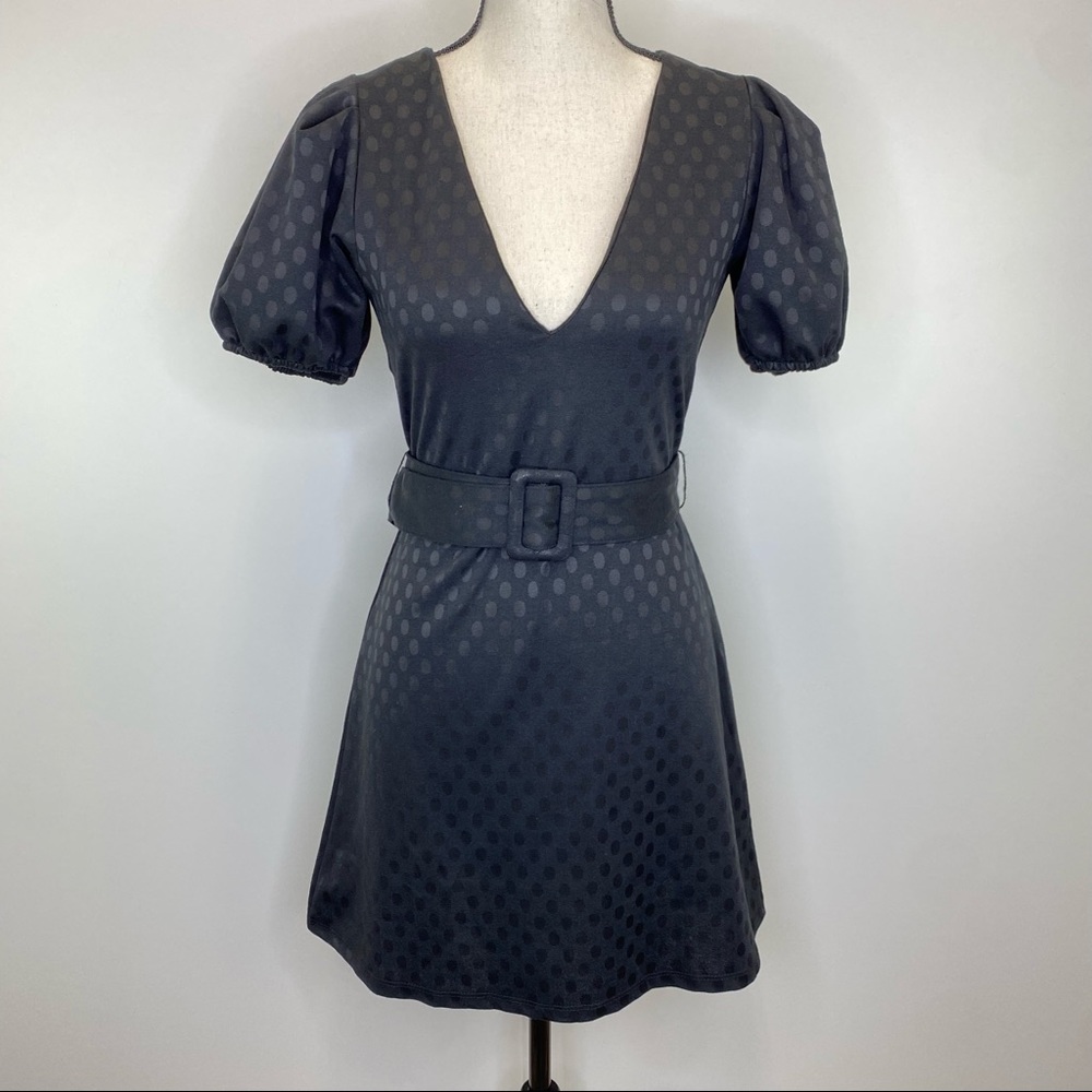 NWT Zara Dress Small Black Voluminous Textured Polka Dot Mini Belted V Neck - Picture 4 of 10